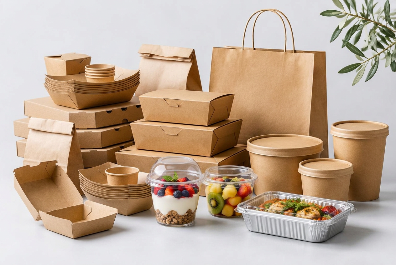 Assortiment d’emballages kraft, boîtes, pots et barquettes